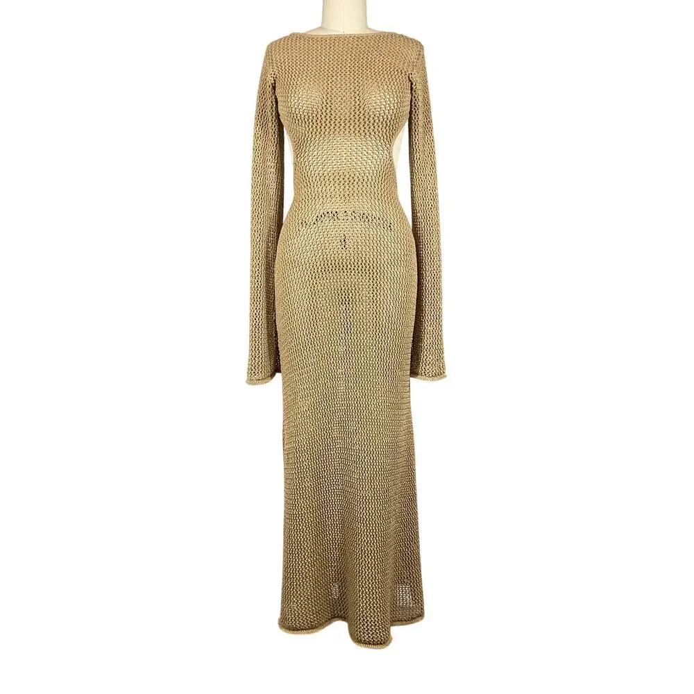 Cult Gaia Sheer Sand Open Back Crochet Dress Size S - Picture 2 of 6